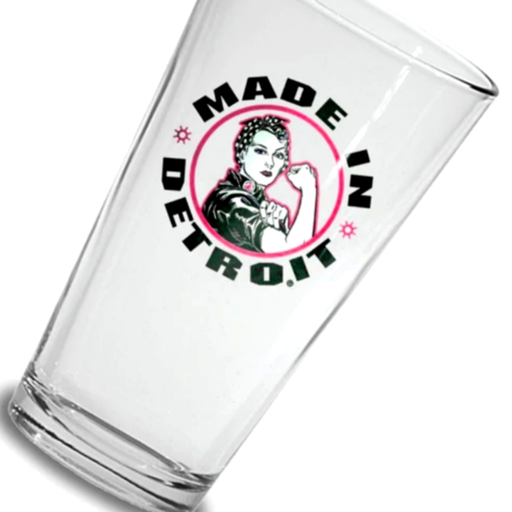 Rosie the Riveter Made in Detroit Pint Glass 16 0z